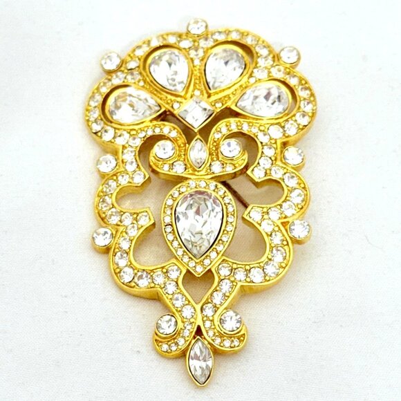 Stunning Art Deco Style Very Large Monet Gold Tone Brooch/Pin w/Crystals - Picture 2 of 6